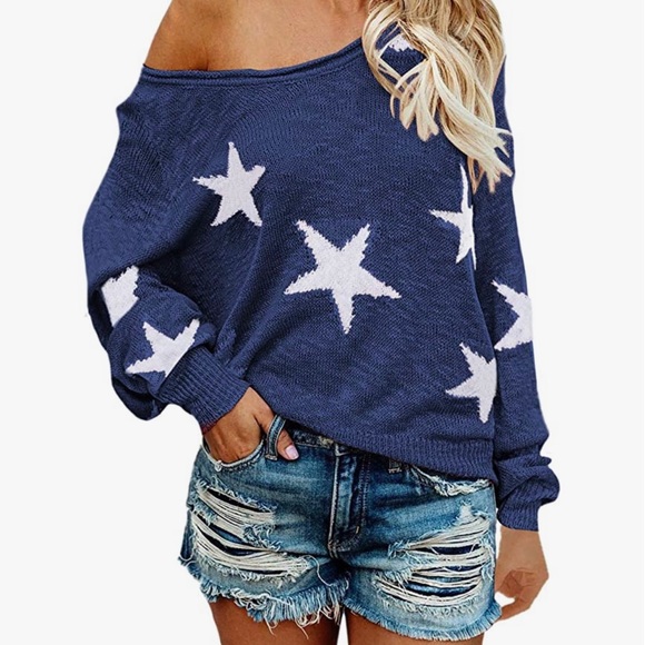 COCOLEGGINGS Women's Scoop Neck Long Sleeve Star Pullover Sweater Tunic Tops - Picture 1 of 1